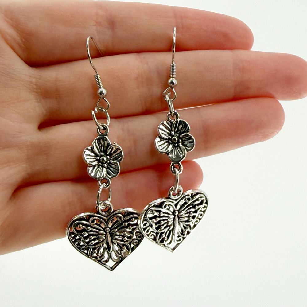 Silver Butterfly Heart Dangle Earrings | Floral Romantic Vintage Style